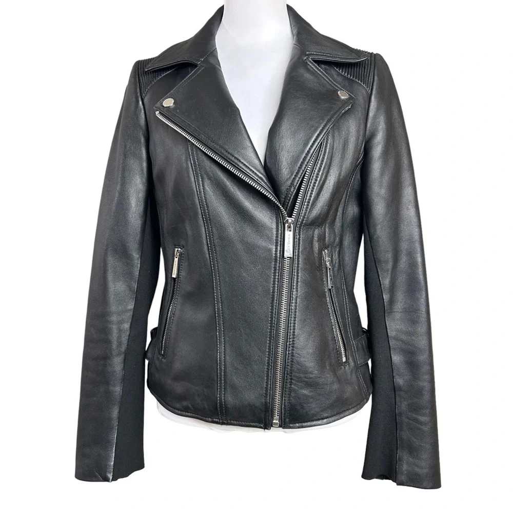 Michael Kors Leather Moto Jacket Black Zip Biker Goth - Picture 4 of 14